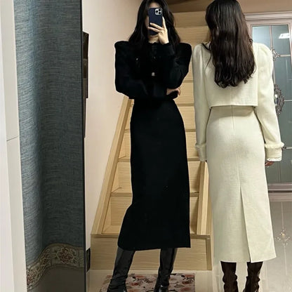 Korean Two-piece Skirt Sets Crop Jacket Coat Bodycon Midi Skirt Autumn Winter New Female Outfits