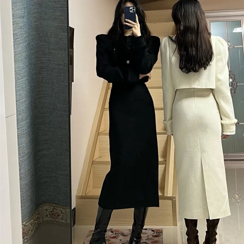 Korean Two-piece Skirt Sets Crop Jacket Coat Bodycon Midi Skirt Autumn Winter New Female Outfits