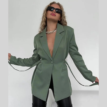 Autumn White Elegnat Green Single Breasted Blazers Lapel Belt Slim Blazers Coat Office Lady Jacket