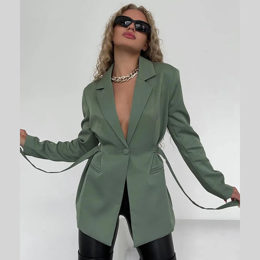 Autumn White Elegnat Green Single Breasted Blazers Lapel Belt Slim Blazers Coat Office Lady Jacket