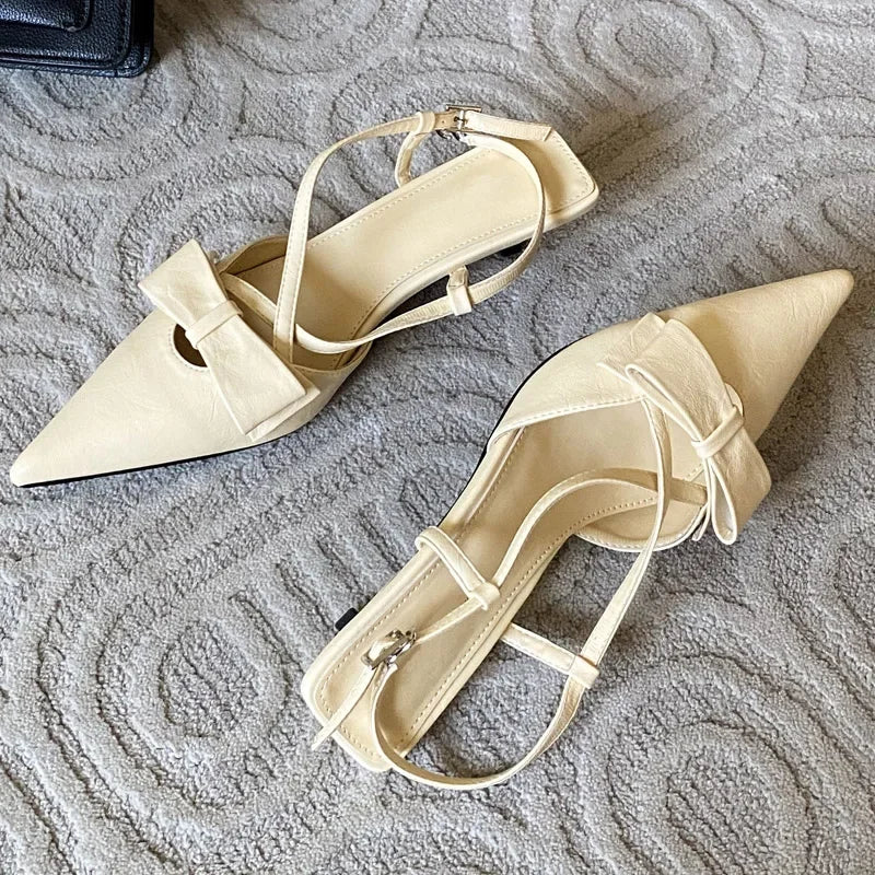 New Butterflyknot Buckle Strap Pumps Woman Pointed Toe Thin Low Heels Shoes