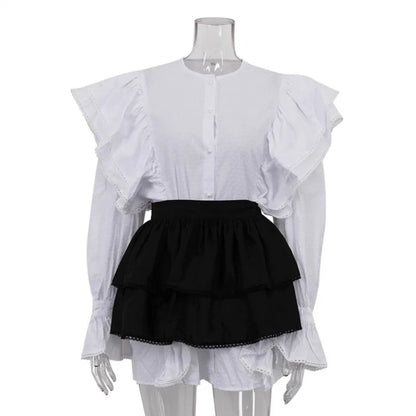 Ruffled Flare Sleeve Shirt Dress for With High Waisted Shorts Contrast Color Patchwork Mini Party Dress Autumn New