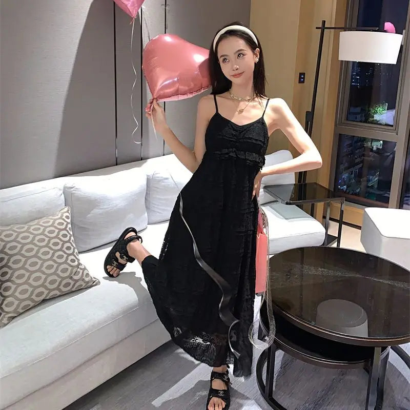 Korean Style Lace Spliced Strap Dress for New Summer Mid Length Black Skirt