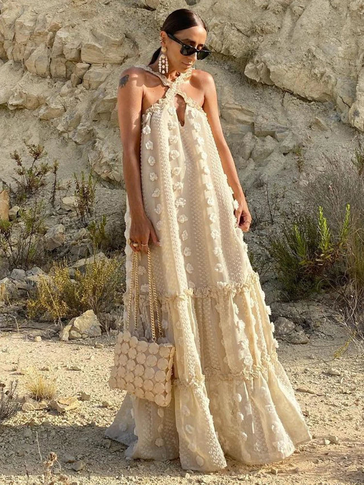 Flower Splice Baggy Maxi Dresses for Autumn New Loose Hollow Out Princess Dress Party Party Evening Dress