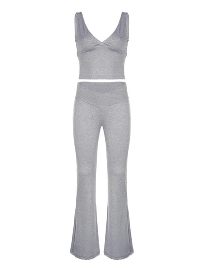 Gray Slim Sleeveless V Neck Vest and V Shape Waist Flared Leggings 2 Pieses Pants Sets Summer Baddie Outfits
