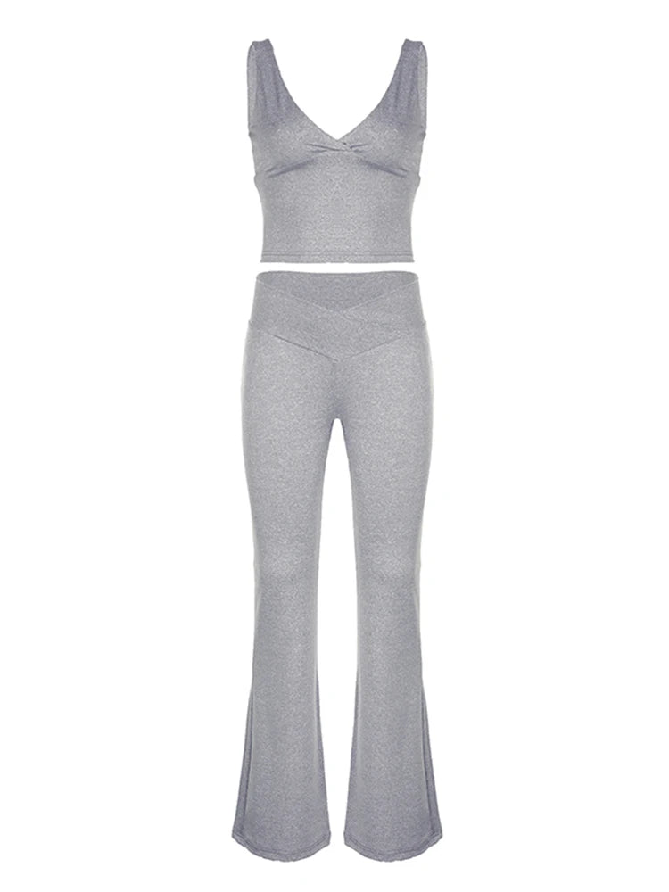 Gray Slim Sleeveless V Neck Vest and V Shape Waist Flared Leggings 2 Pieses Pants Sets Summer Baddie Outfits