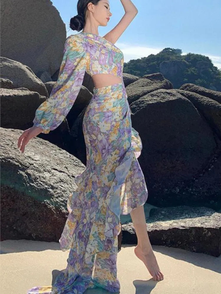 Purple Print Club Slanted One Shoulder Slim Ruffles Long Dress Summer Long Sleeve Party Evening Dress