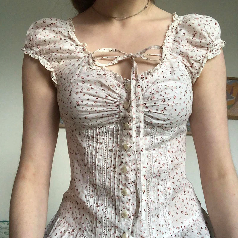 Print Ruched Aline Blouse French Style Singlebreasted Short Sleeve Top Slimming Tieup Collar Shirts