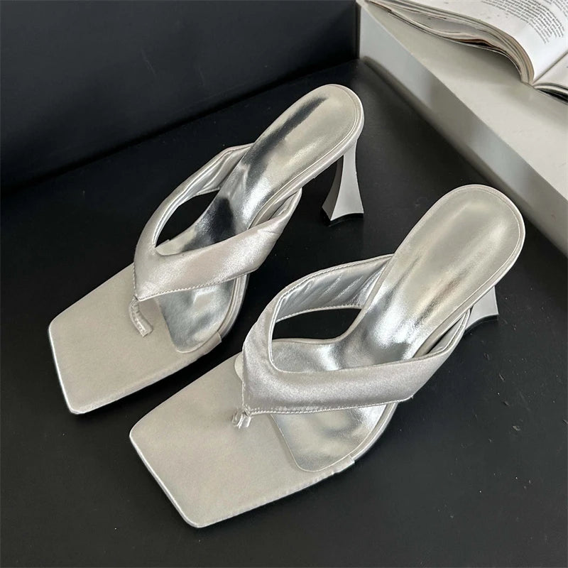 Summer Square Clip Toe Slippers High Heels Slides Sandals Flip Flops Shoes