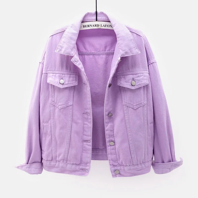 Denim Jacket Spring Autumn Short Coat Pink Jean Jackets Tops Purple Yellow White Loose Tops Lady Outerwear