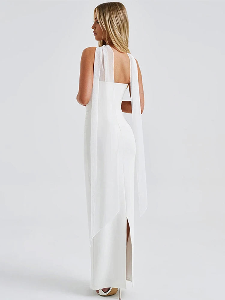 Pleated Tube Long Dresses Slim Fit Sleeveless Dress With Silk Scarf Gloves Female Summer Evening
