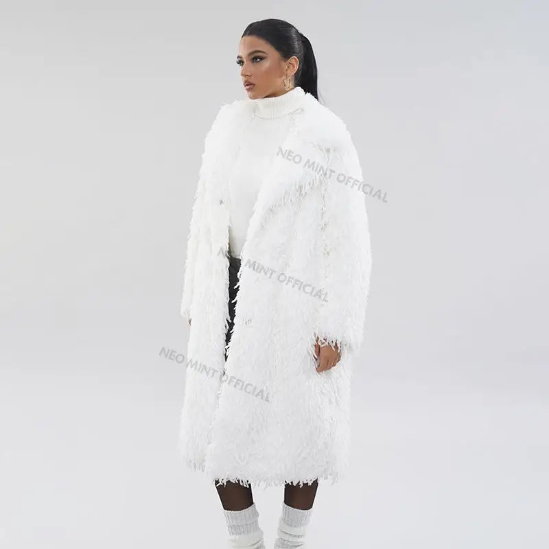 High Street Feathers Eco Fur Coat Winter Lapel Faux Fox Fur Jacket Long Fluffy Fur Overcoat Female