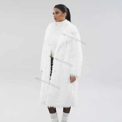 High Street Feathers Eco Fur Coat Winter Lapel Faux Fox Fur Jacket Long Fluffy Fur Overcoat Female