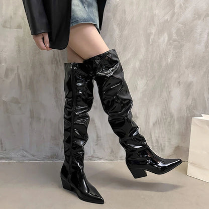 Winter Pleated Over the Knee High Boots Slip on Long Booties Autumn Thick Heel Shoes