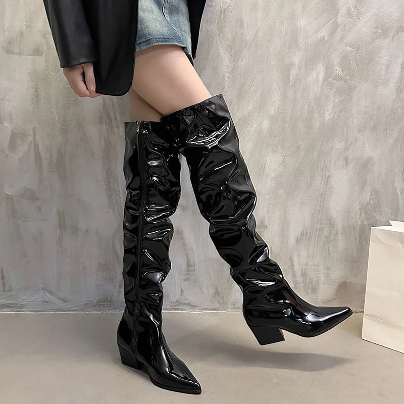 Winter Pleated Over the Knee High Boots Slip on Long Booties Autumn Thick Heel Shoes