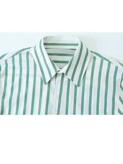 Summer Causal Short Sleeves Shirts for Woman Green Stripes Lapel Tshirt Buttons Female Cropped Slim Blouses