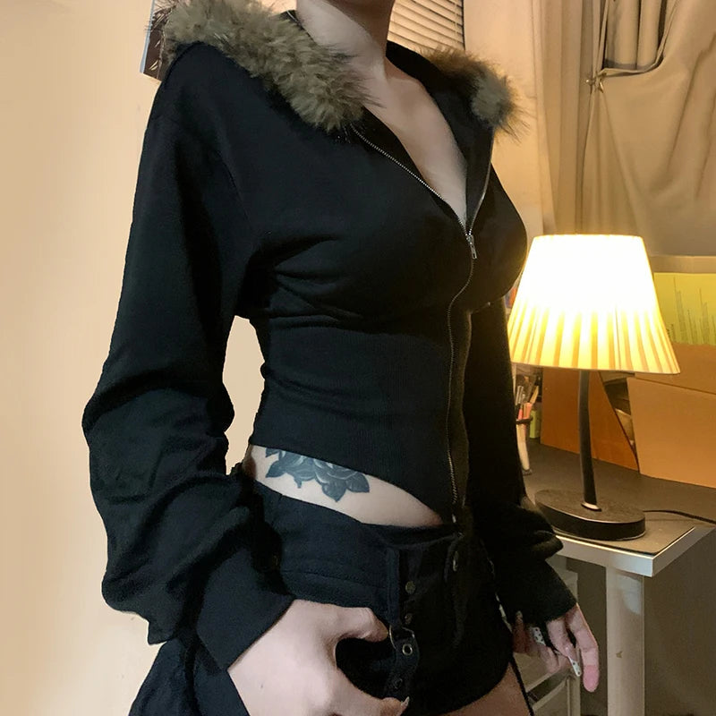 Y2k Fur Trim Hoodie Cardigan Basic Black Slim Cropped Jacket 90s Winter Zipper Coat Harajuku