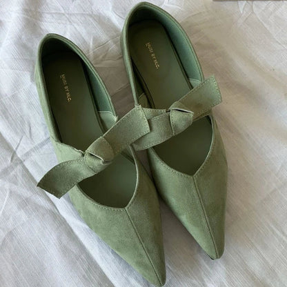Satin Pointed Toe Mary Jane Bow Knitted Flats Shallow Comfortable Chunky Heel Shoes Design Ballet Shoes