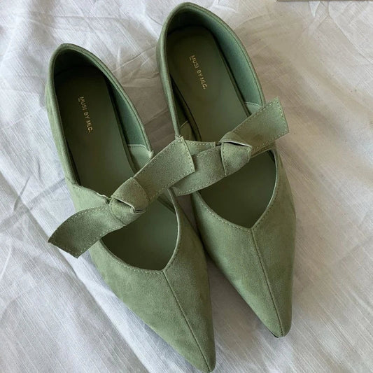 Satin Pointed Toe Mary Jane Bow Knitted Flats Shallow Comfortable Chunky Heel Shoes Design Ballet Shoes