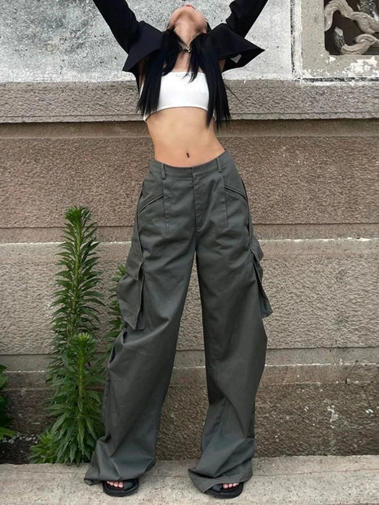 Y2k Pockets Cargo Pants Harajuku Low Rise Baggy Straight Pants Loose American Retro Trousers Aesthetic