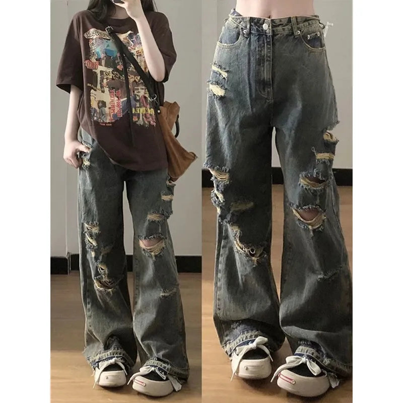 Baggy Woman's Ripped Jeans Y2k Hip Hop Oversize Denim Pants America High Street Retro Grunge Trousers Korean Style