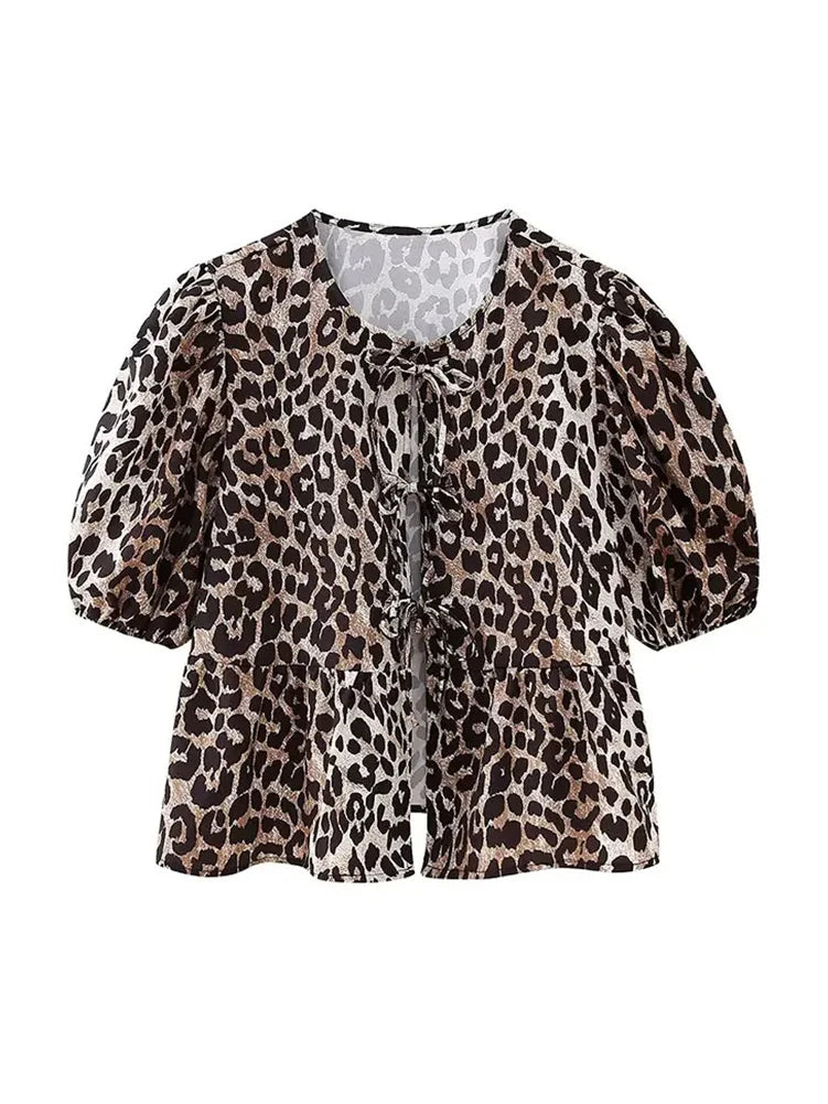 Summer Printed Cropped Shirts Top Puff Short Sleeves Round Neck Blouse Female Laceup Tshrit