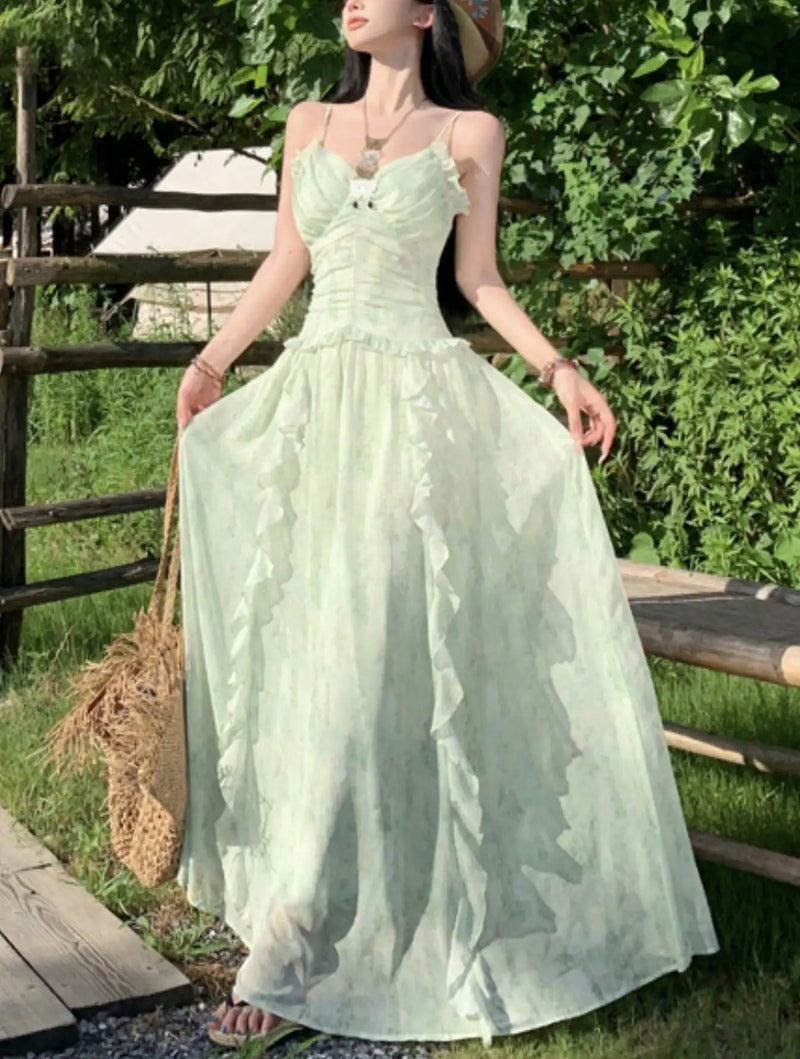 Green Ruffles Sleeveless Bodycon Vneck Summer Holiday Vacation Long Dresses Printed Party Dress Vestidos
