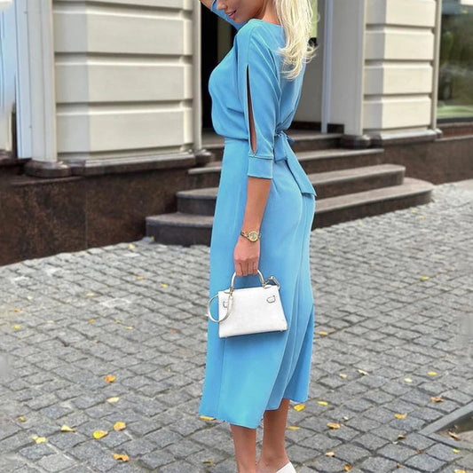 Oneck Halfsleeved Slimfit Dress Spring Color Simple Temperament Dress Commuter Hip Wrap Slim Long Dress