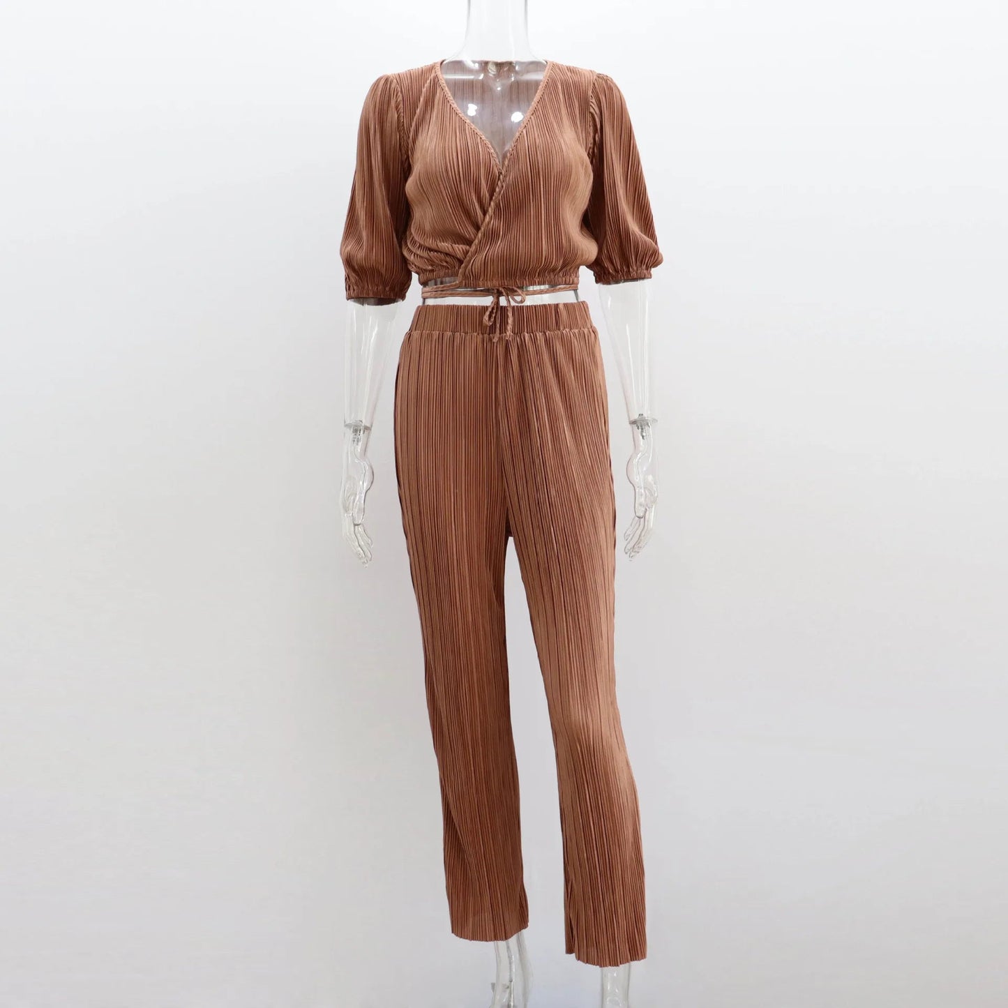 Summer Orange Pleated Pants Two Piece Sets Suits Laceup Tops and High Waist Trousers 2 Piece Sets
