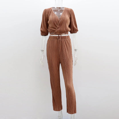 Summer Orange Pleated Pants Two Piece Sets Suits Laceup Tops and High Waist Trousers 2 Piece Sets