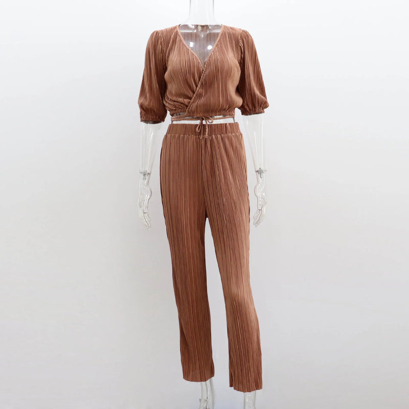 Summer Orange Pleated Pants Two Piece Sets Suits Laceup Tops and High Waist Trousers 2 Piece Sets
