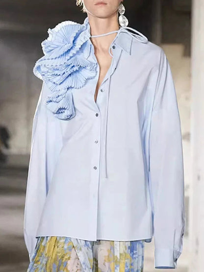 Shirt Lapel Long Sleeves Single Breasted Threedimensional Flower Color Blouse Autumn New 3wq505