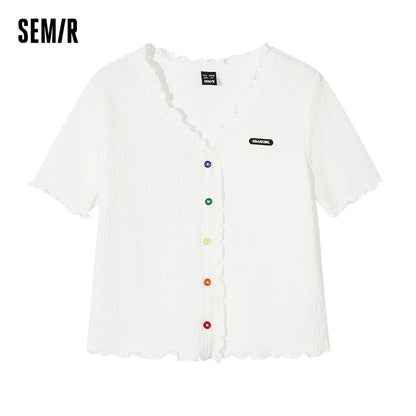 Short-sleeved T-shirt Short Textured Earrings Summer New Tight Knitted Cardigan Coat Tops