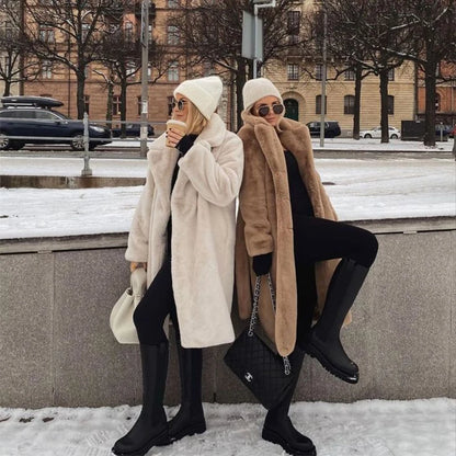Winter Long Overcoats Oversized Lapel Belted Faux Rabbit Fur Coat Jacket Female Outerwear Plush Fur Coats