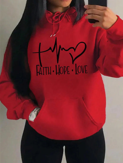 Faith Hope Love Letter Graphic Hoody Street Loose Sweatshirt Autumn Fleece Hooded Hip Hop O-neck Clothing Female