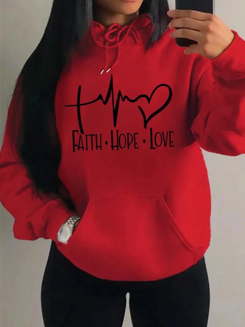 Faith Hope Love Letter Graphic Hoody Street Loose Sweatshirt Autumn Fleece Hooded Hip Hop O-neck Clothing Female
