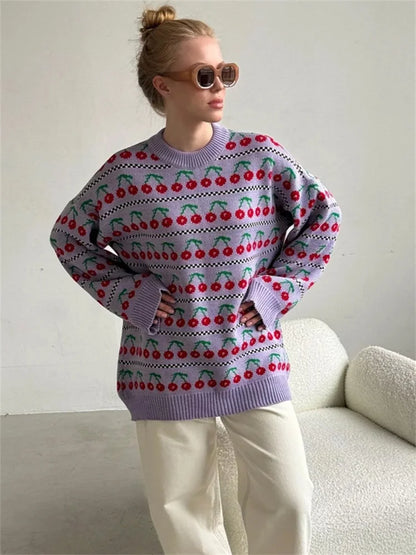 Printed Knit Sweater Pullover for Loose Patchwork Contrast Long Sleeve Top Knitwear ’s Pullover