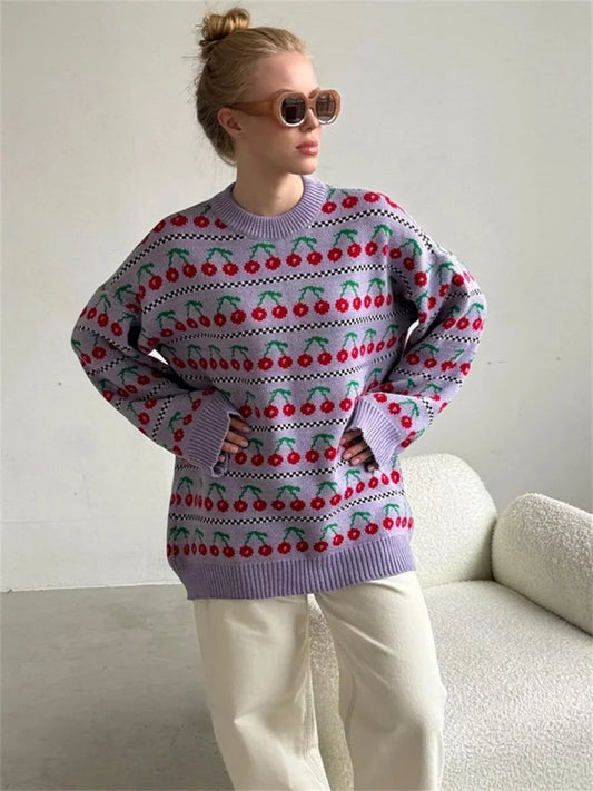 Printed Knit Sweater Pullover for Loose Patchwork Contrast Long Sleeve Top Knitwear ’s Pullover