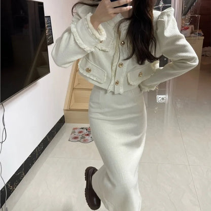 Korean Two-piece Skirt Sets Crop Jacket Coat Bodycon Midi Skirt Autumn Winter New Female Outfits