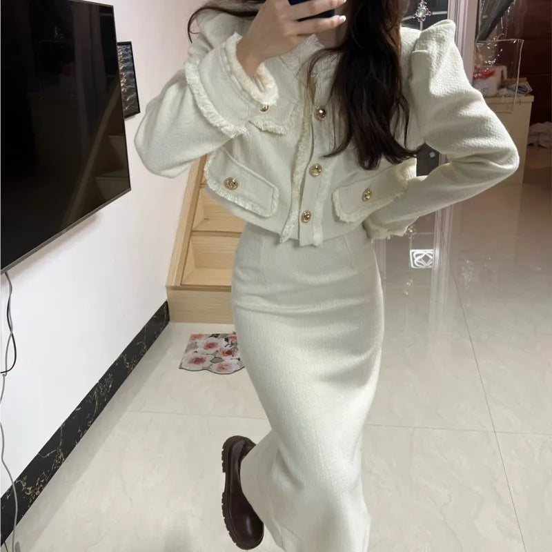 Korean Two-piece Skirt Sets Crop Jacket Coat Bodycon Midi Skirt Autumn Winter New Female Outfits
