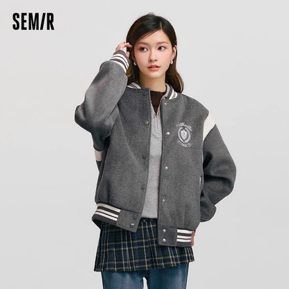 Coat Embroidery Patchwork Contrast Color Loose Jacket New Winter Imitation Woolen Baseball Jacket