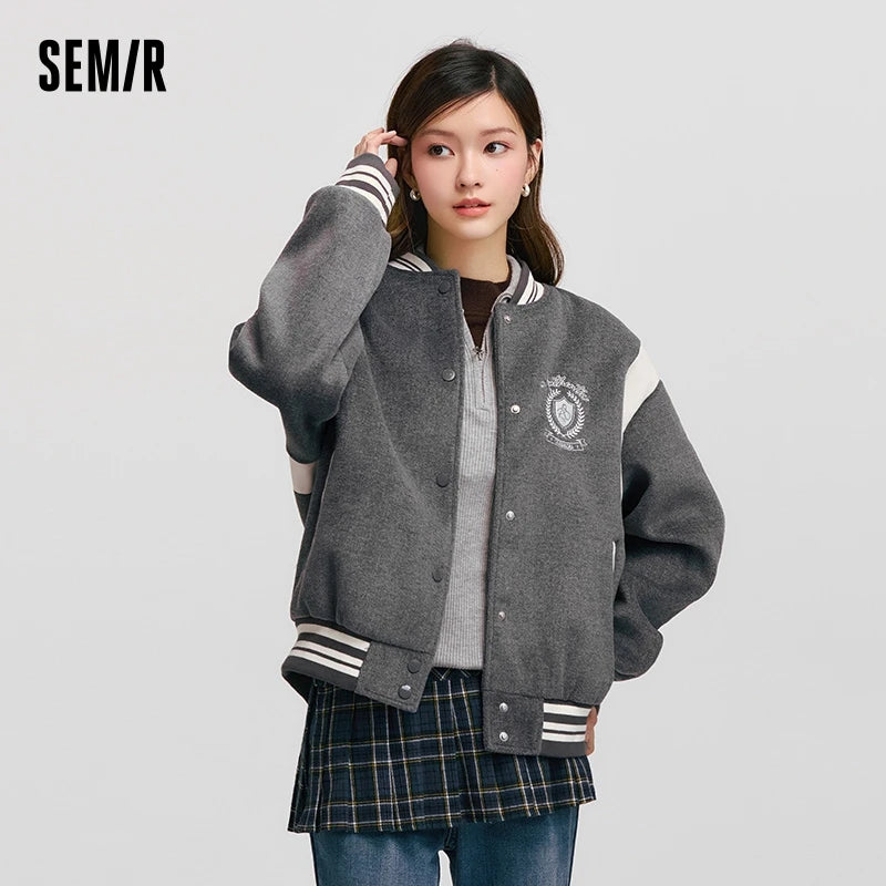 Coat Embroidery Patchwork Contrast Color Loose Jacket New Winter Imitation Woolen Baseball Jacket
