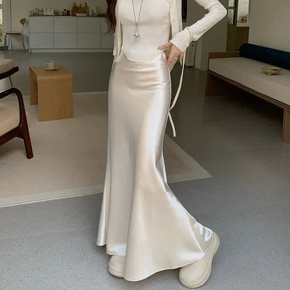 Satin Mermaid Skirts Spring Summer Faldas Mujer Korean Sweet Simple Retro Long Skirt