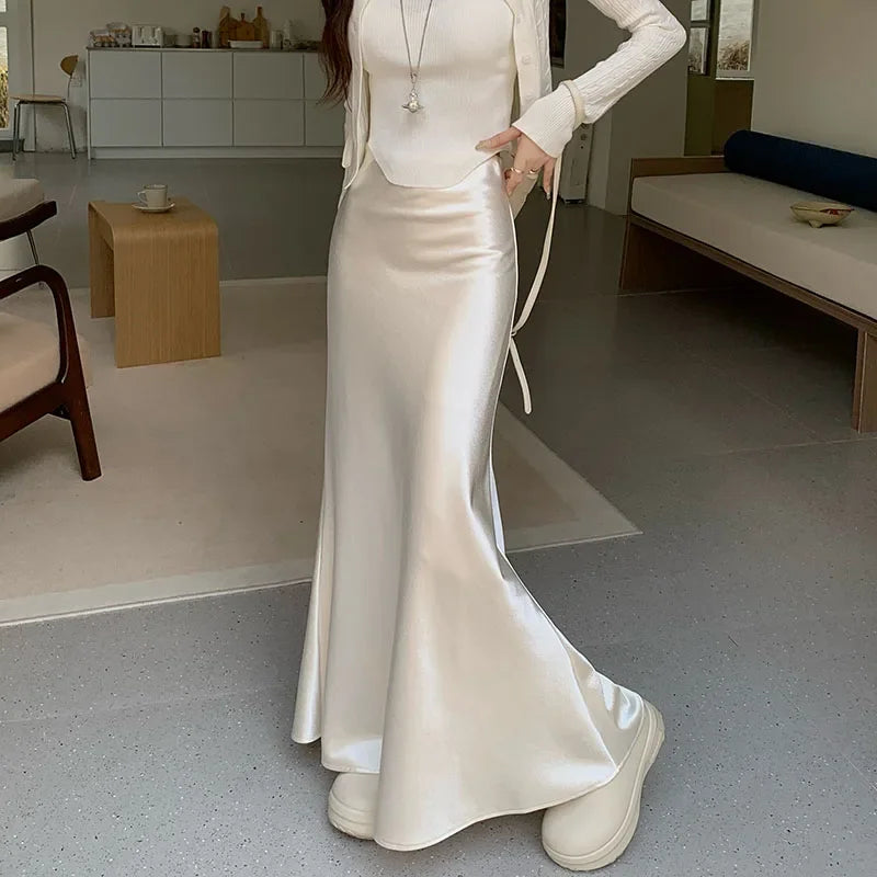 Satin Mermaid Skirts Spring Summer Faldas Mujer Korean Sweet Simple Retro Long Skirt