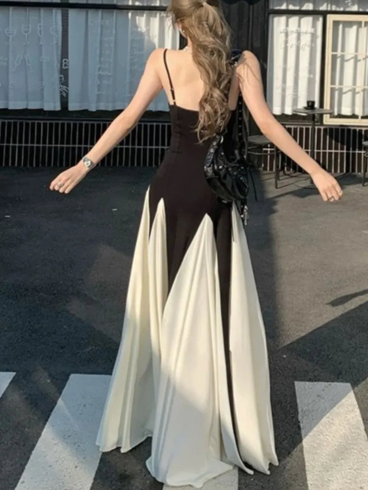 Black White Contrast Pleated Sling Long Dress Summer Backless Maxi Dresses Lady Evening Party Vestidos