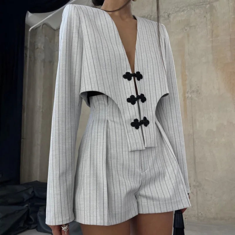 Designer Striped Set Oversized Blazer Two Pieces Set for Pullover Long Sleeve Shirt Tops and Shorts