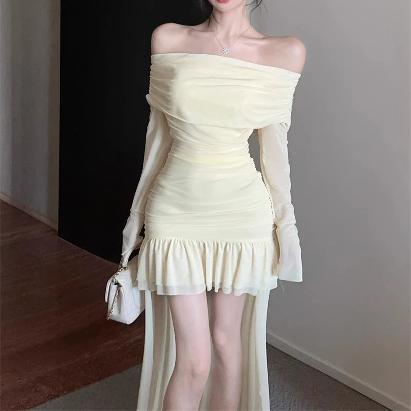 Mesh Mini Dresses Slash Neck Spring Summer Dress Korean Ruffles Vestidos Mujer