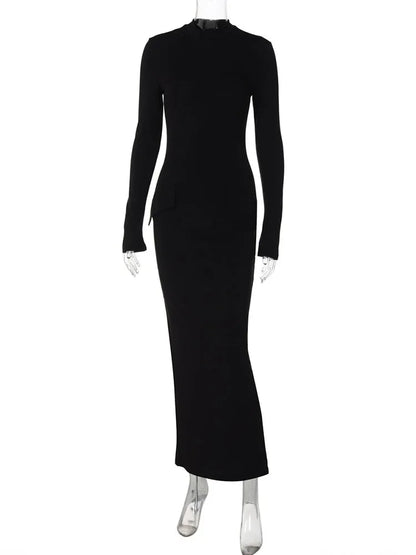 Half Turtleneck Long Sleeves Maxi Dress Office Lady Clothing Back Slit Gown Dress Female Autumn