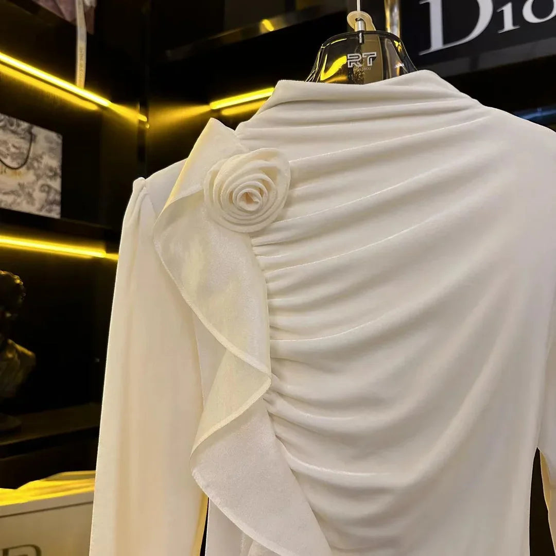 French Highend Temperament Long Sleeve White Dress for Autumn New Half High Neck 3d Flowers Slimming Maxi Dress