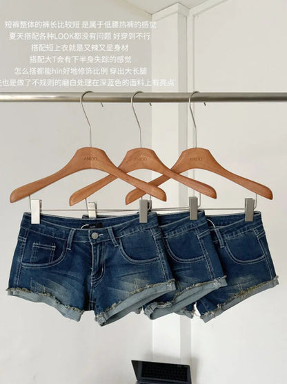 Korean Blue Denim Shorts Coquette Gyaru High Waist Jeans Short Grunge Hot Pants Raw Edge American Retro